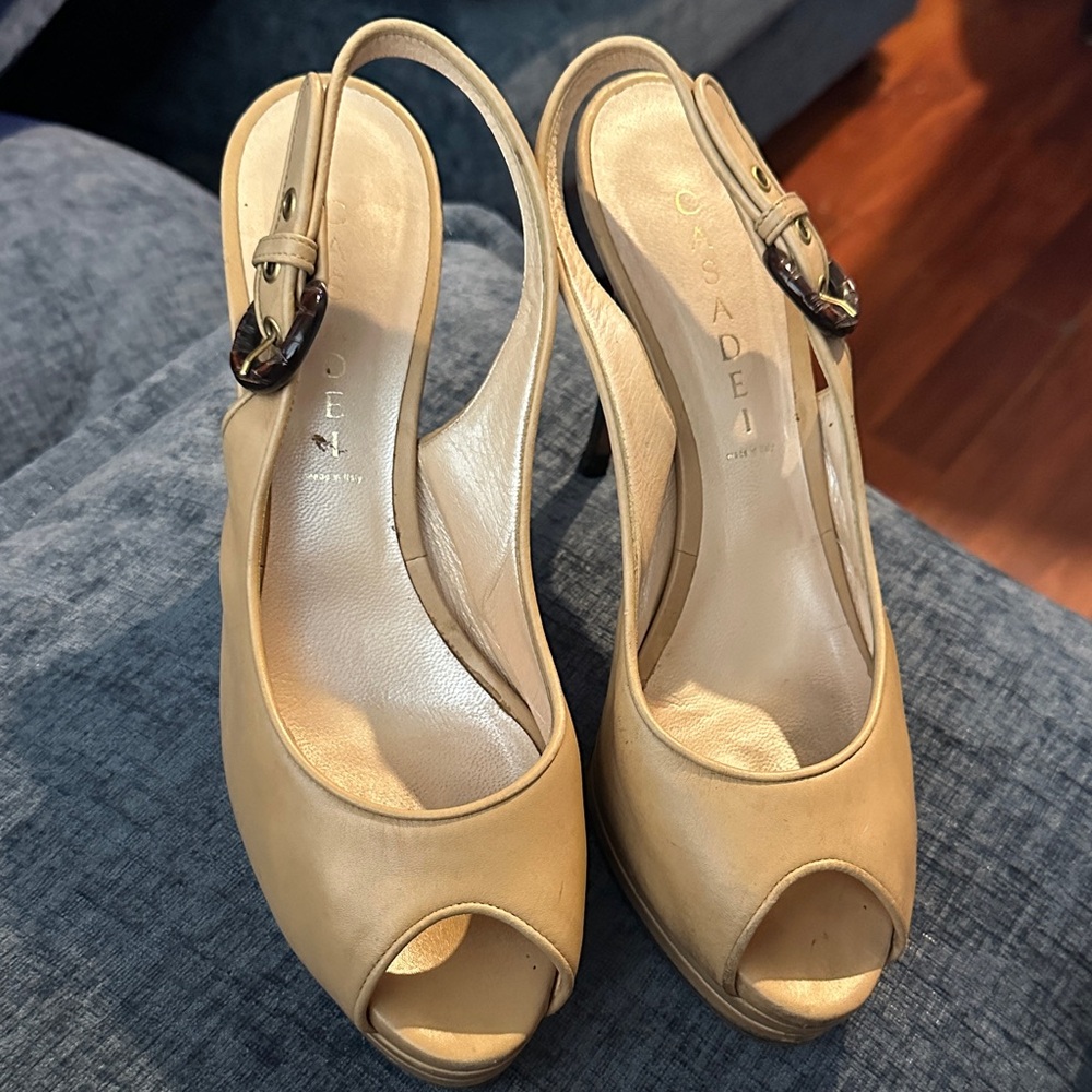 Casadei Nude Leather Peep-Toe Slingback Heels made Italy